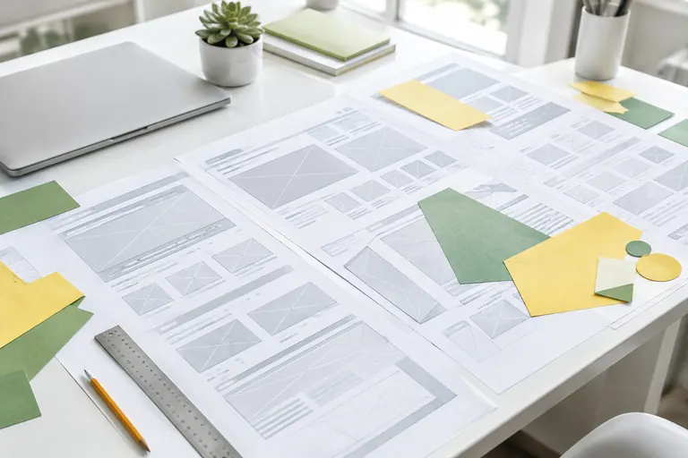 Bureau de designer avec maquettes filaires imprimées en partie colorées de vert et de jaune